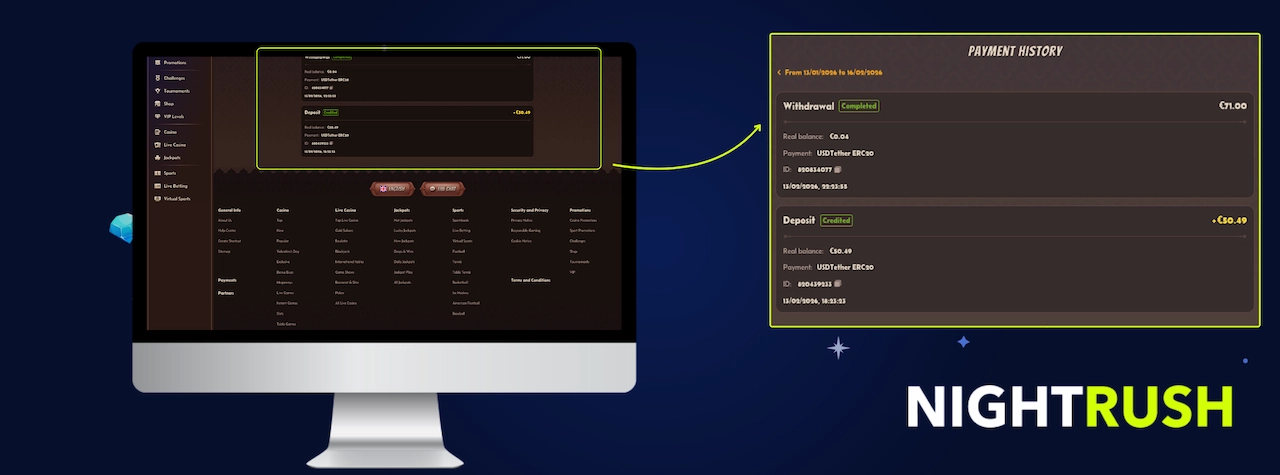 Computer monitor displaying a payment history with a completed withdrawal.