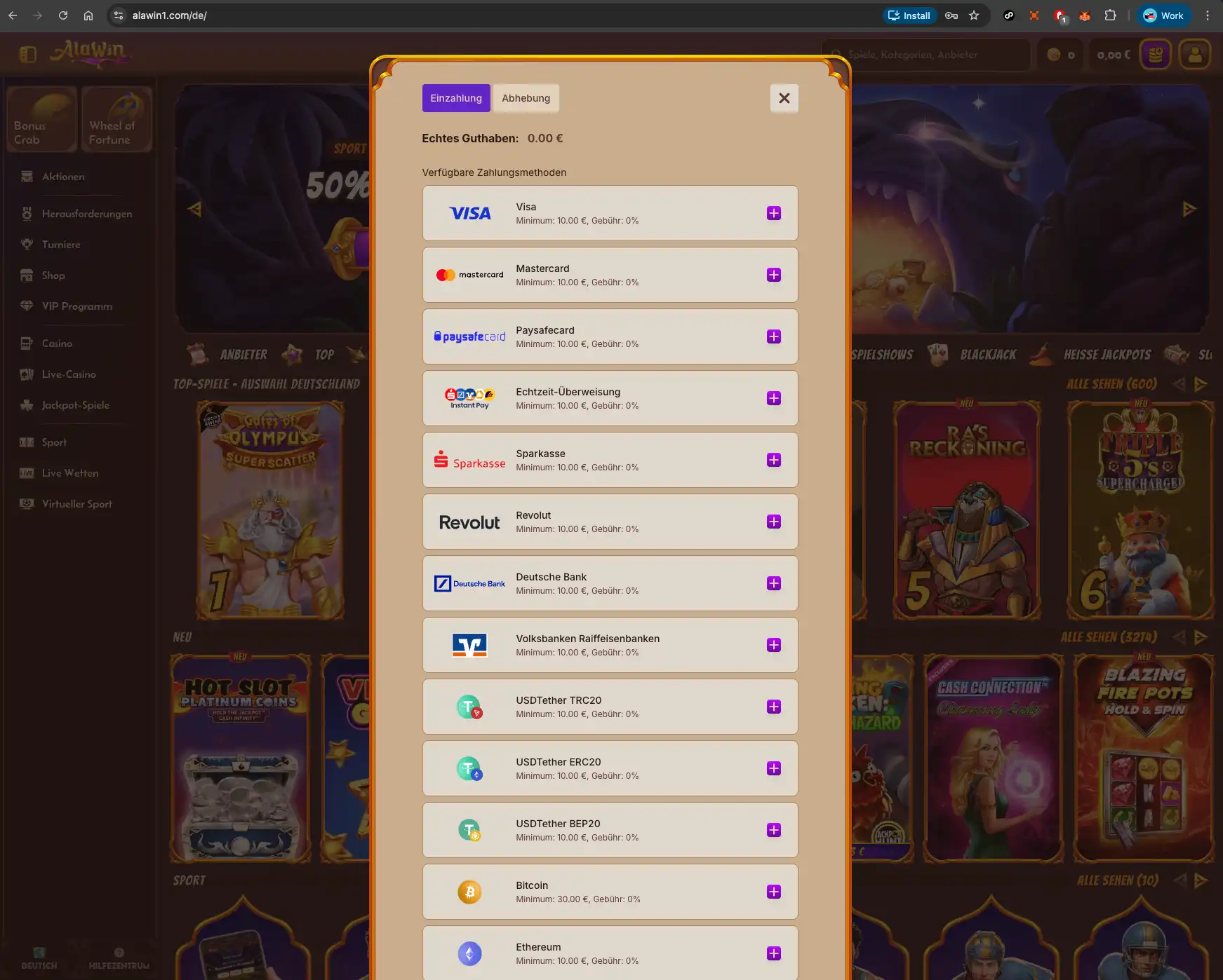 Alawin casino deposit methods screen