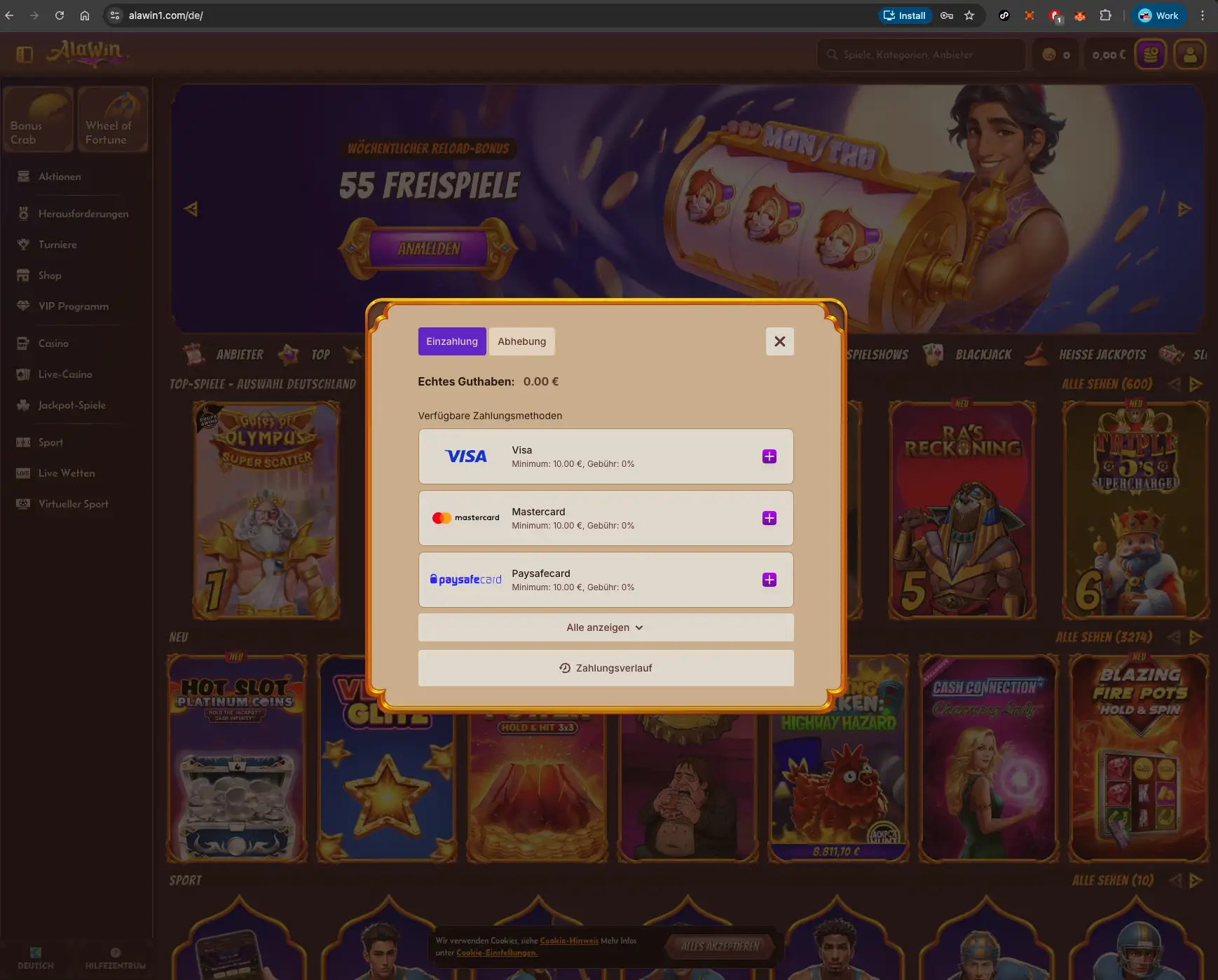 Alawin casino deposit methods screen