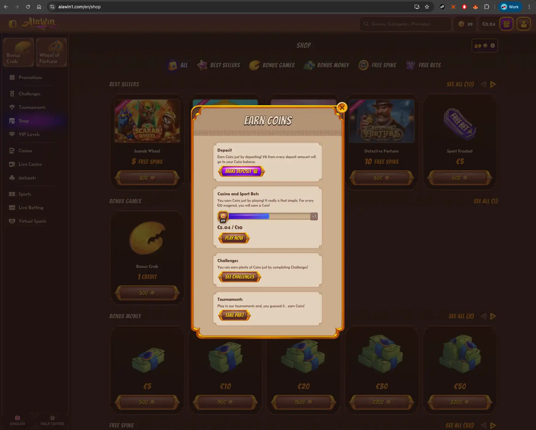 Alawin casino earn coins screen