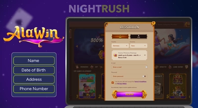 Laptop screen displaying the Alawin casino registration form with a country selector for Germany.