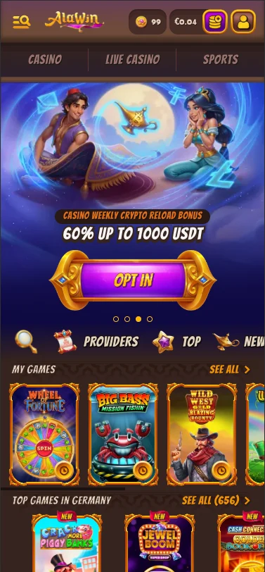 Alawin casino homepage screen