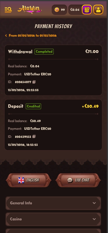 Alawin casino payment history screen