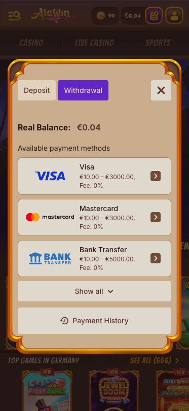 Alawin casino withdrawal methods screen