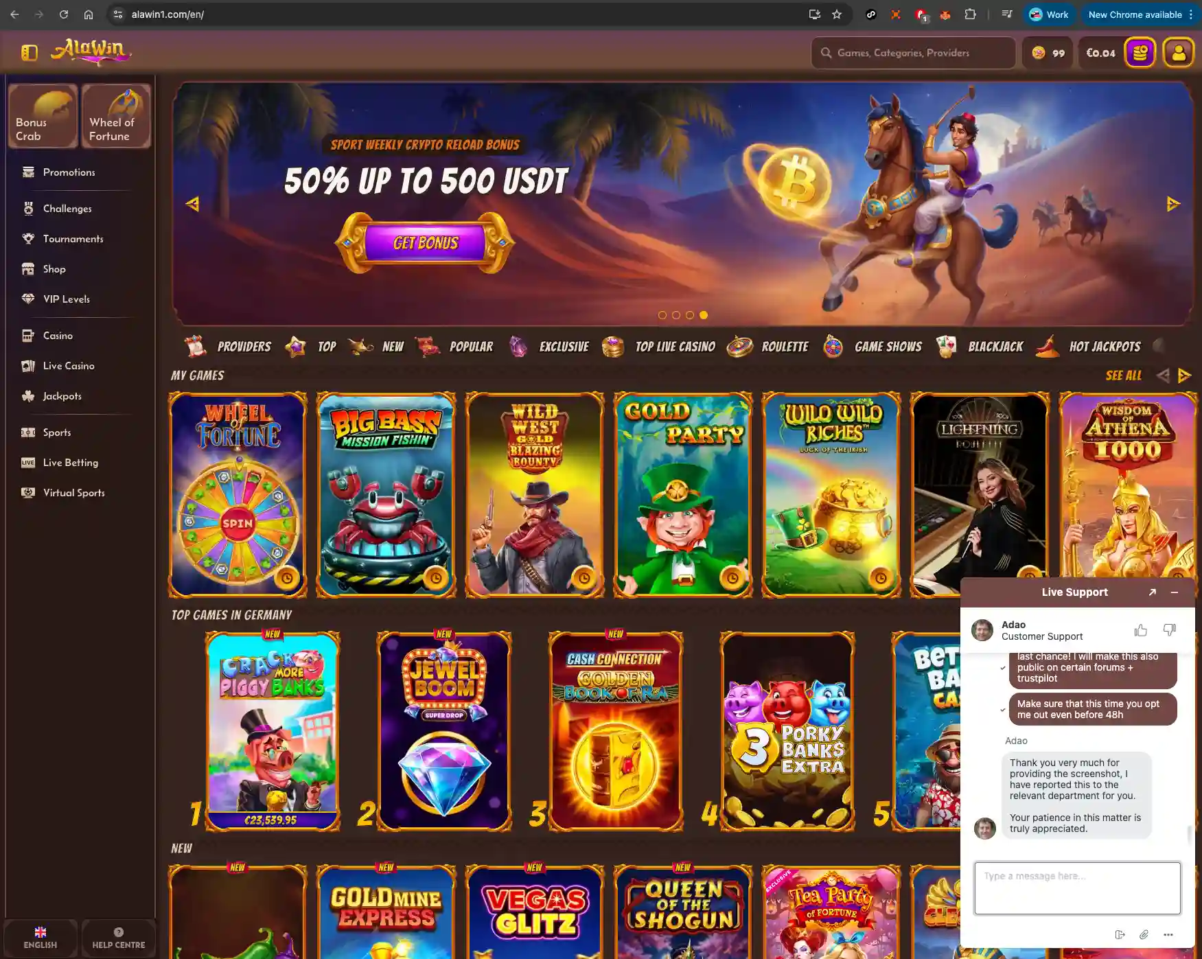 Alawin casino homepage screen