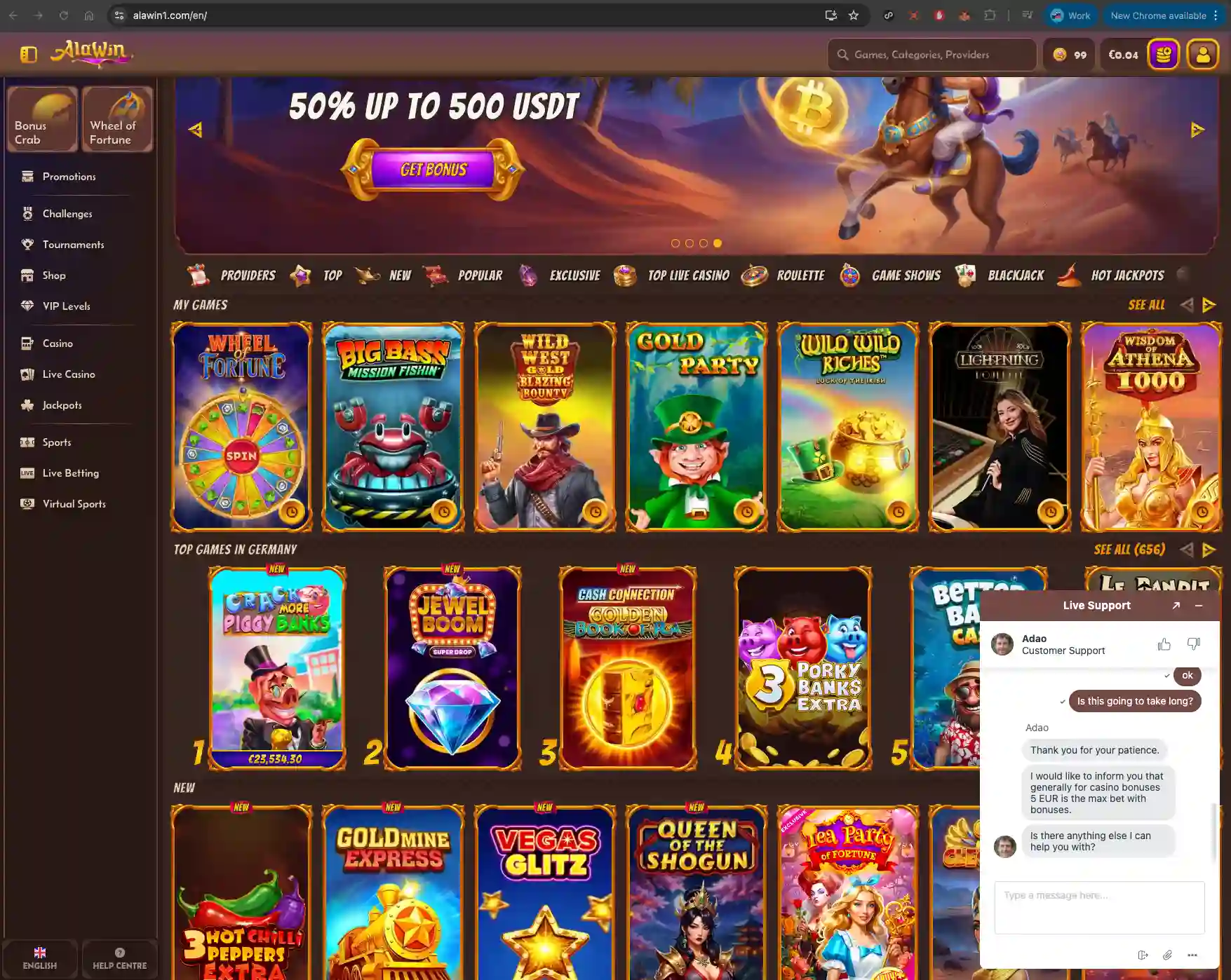 Alawin casino homepage screen