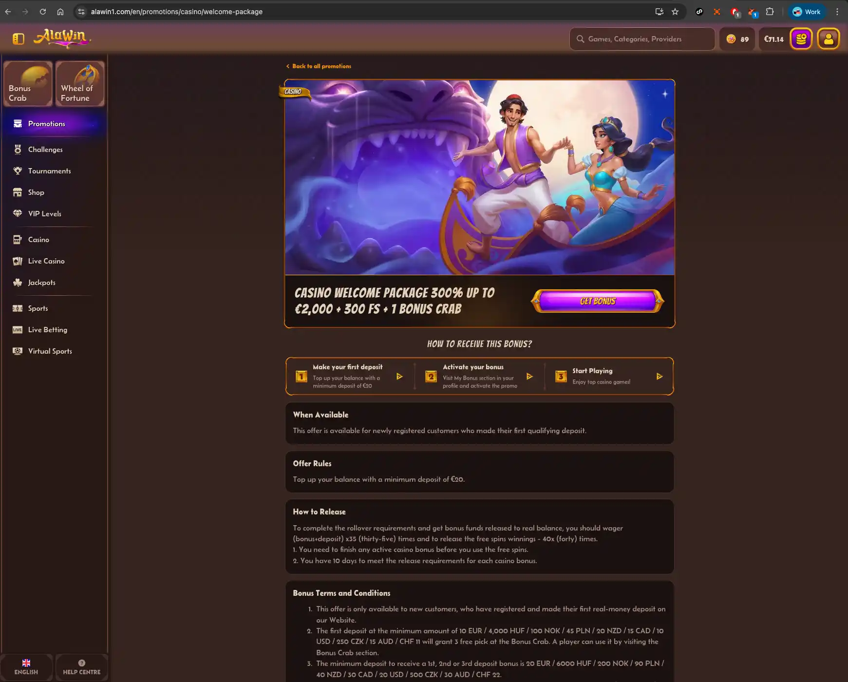 Alawin casino welcome bonus screen