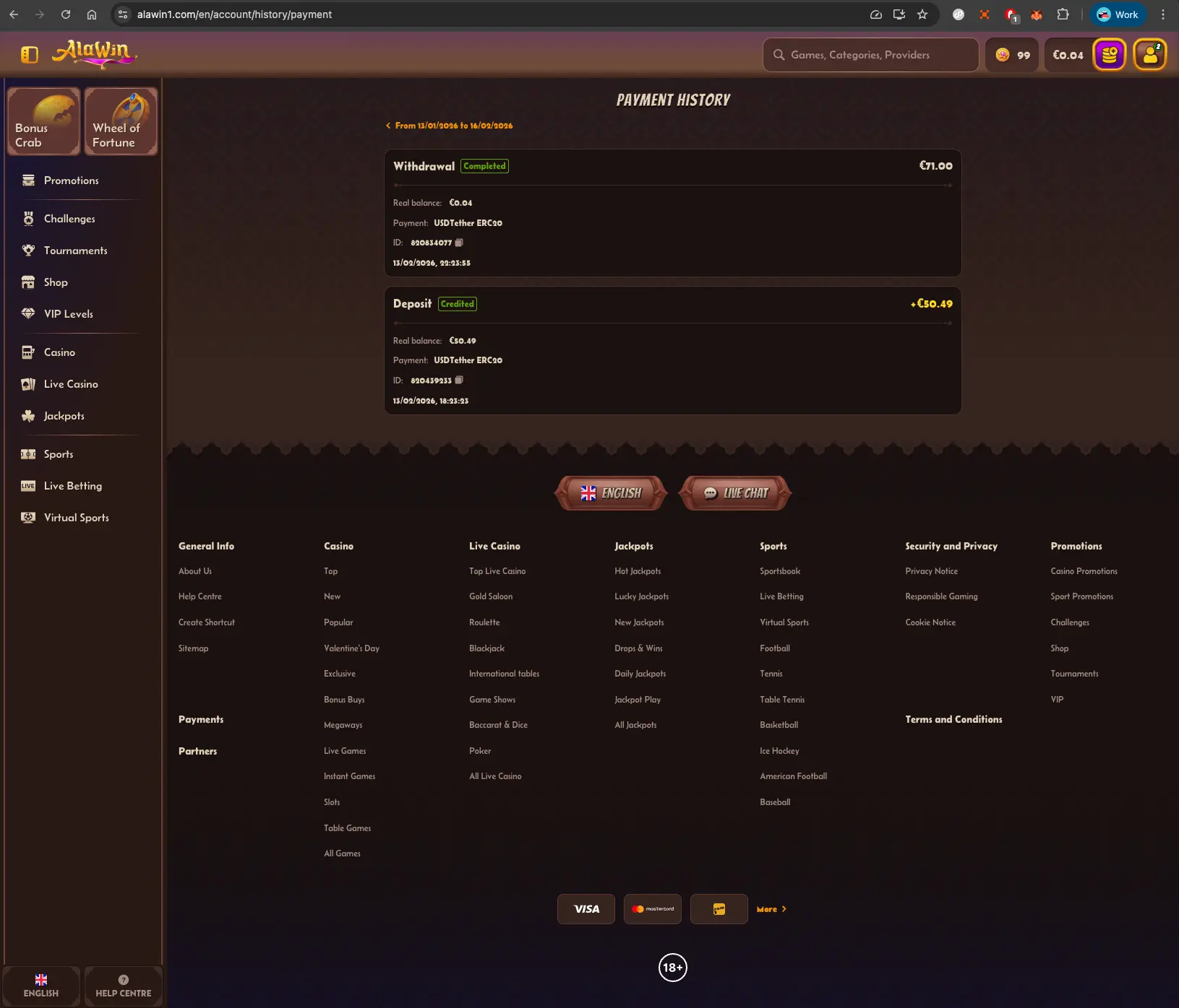 Alawin casino payment history screen