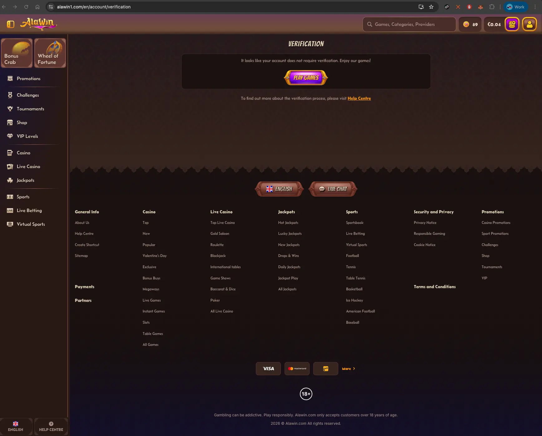Alawin casino verification screen