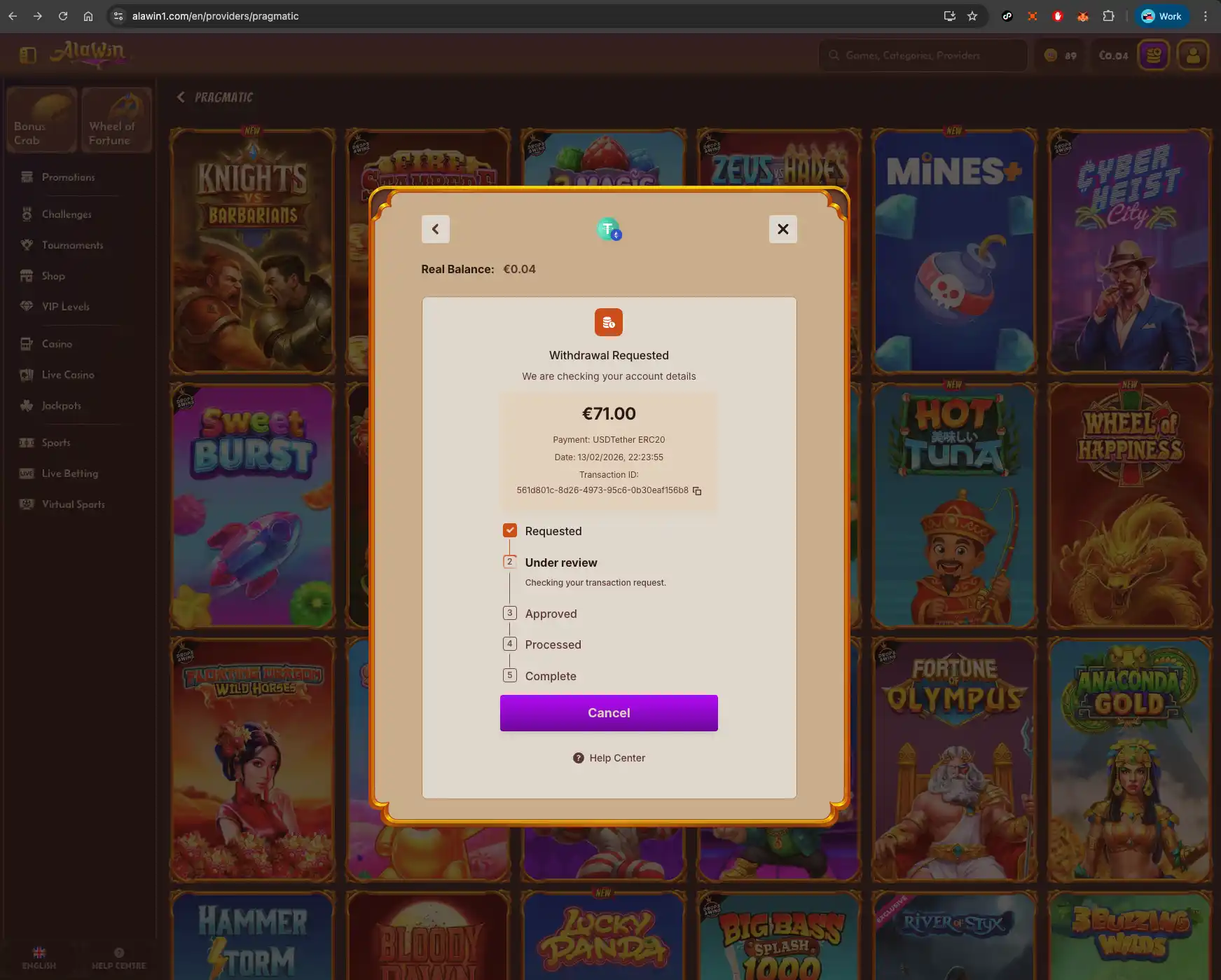 Alawin casino withdrawal request screen