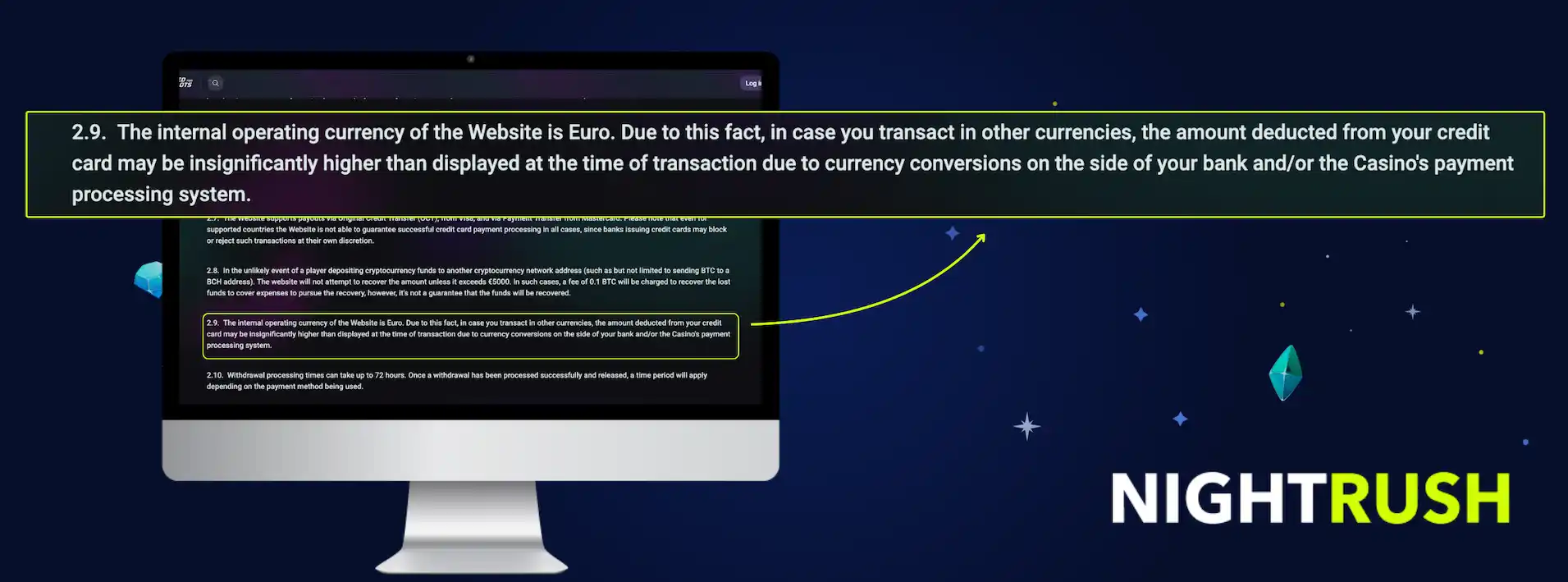 Needforslots Casino terms stating euro as the operating currency and potential conversion fees.