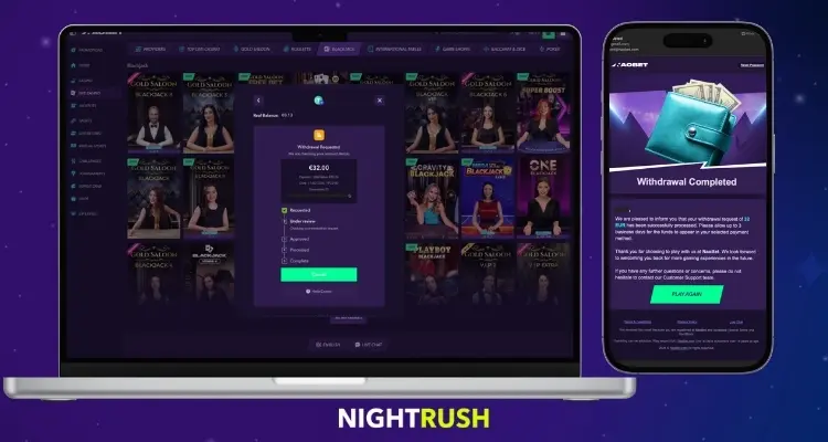 Desktop and mobile screenshots showing a real-money withdrawal of €32.00 being processed and completed from a Nightrush-audited no KYC crypto casino.