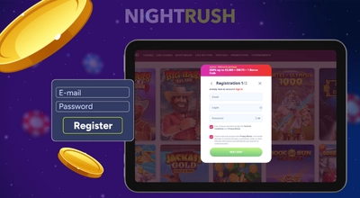 Casino Infinity's registration on a tablet with a register button against a starry setting.