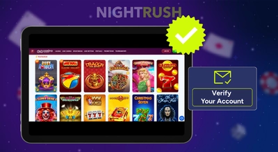 Casino Infinity's games on a tablet with a verify button against a starry setting.