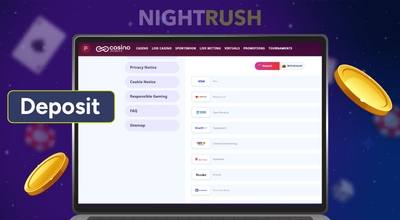 Casino Infinity's payments on a laptop with a deposit button against a starry setting.