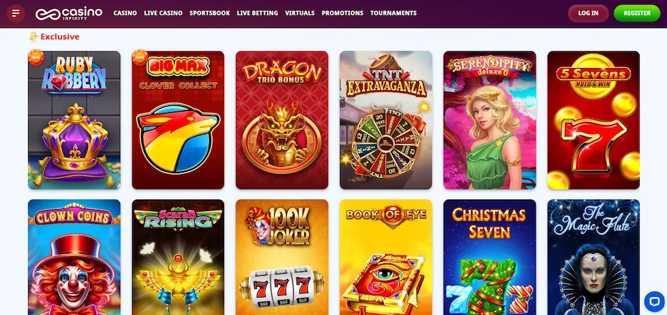 Casino Infinity's games with selected exclusive titles against a white background.