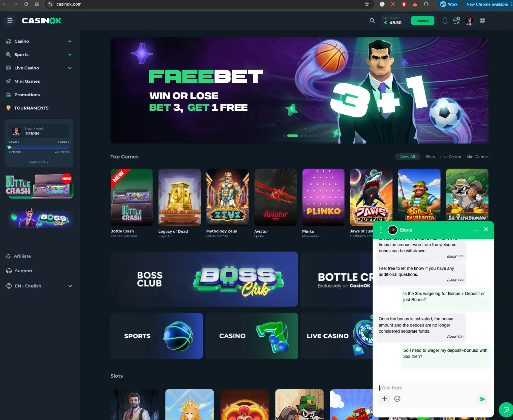 CasinOK live chat about bonus wagering