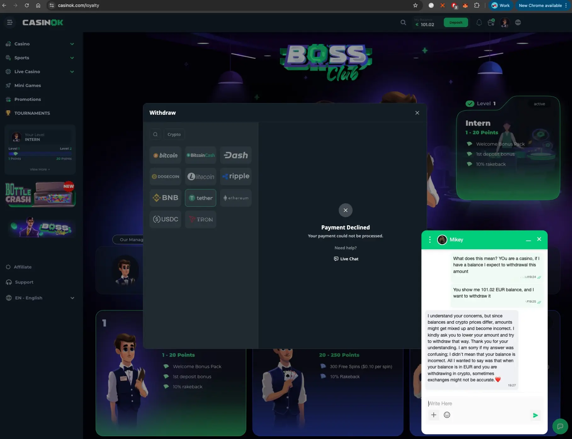 CasinOK live chat about withdrawal