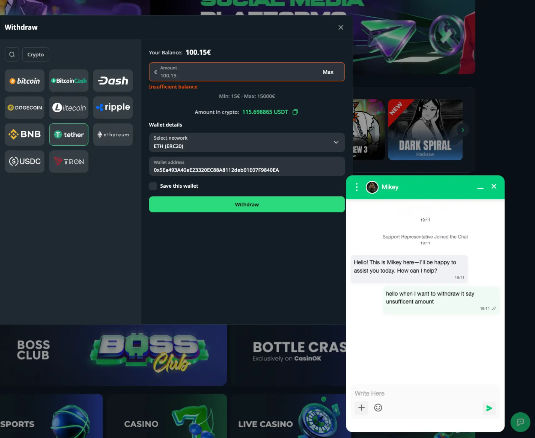 CasinOK live chat about withdrawal
