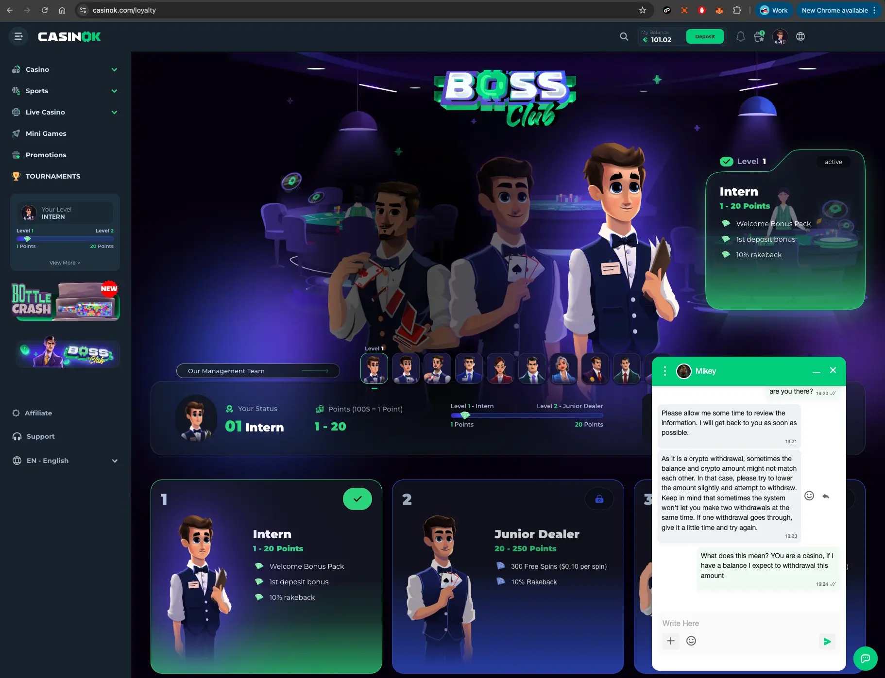 CasinOK live chat about withdrawal