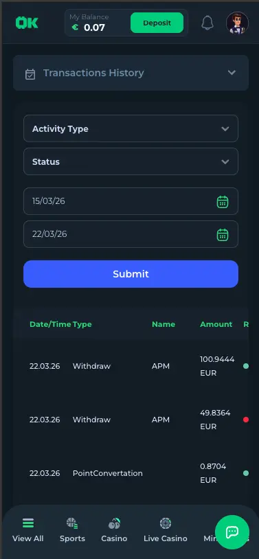 CasinOK transactions history screen