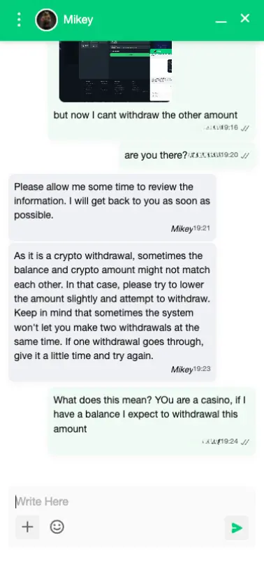 CasinOK live chat about withdrawal