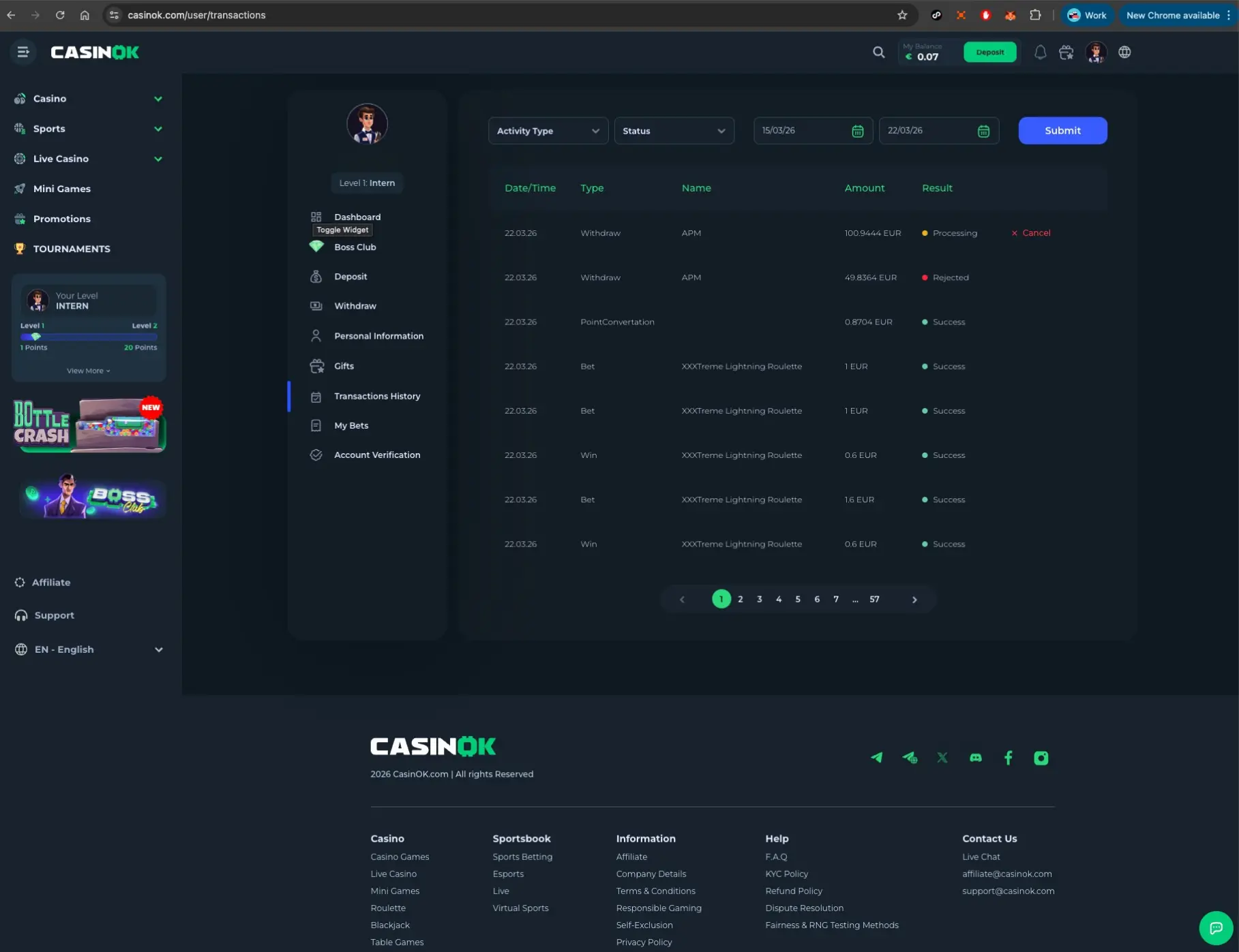 CasinOK payment history screen