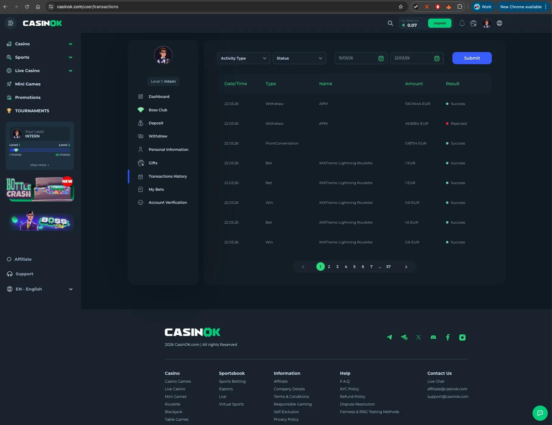 CasinOK payment history screen