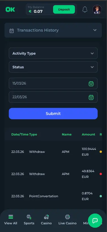 CasinOK transactions history screen
