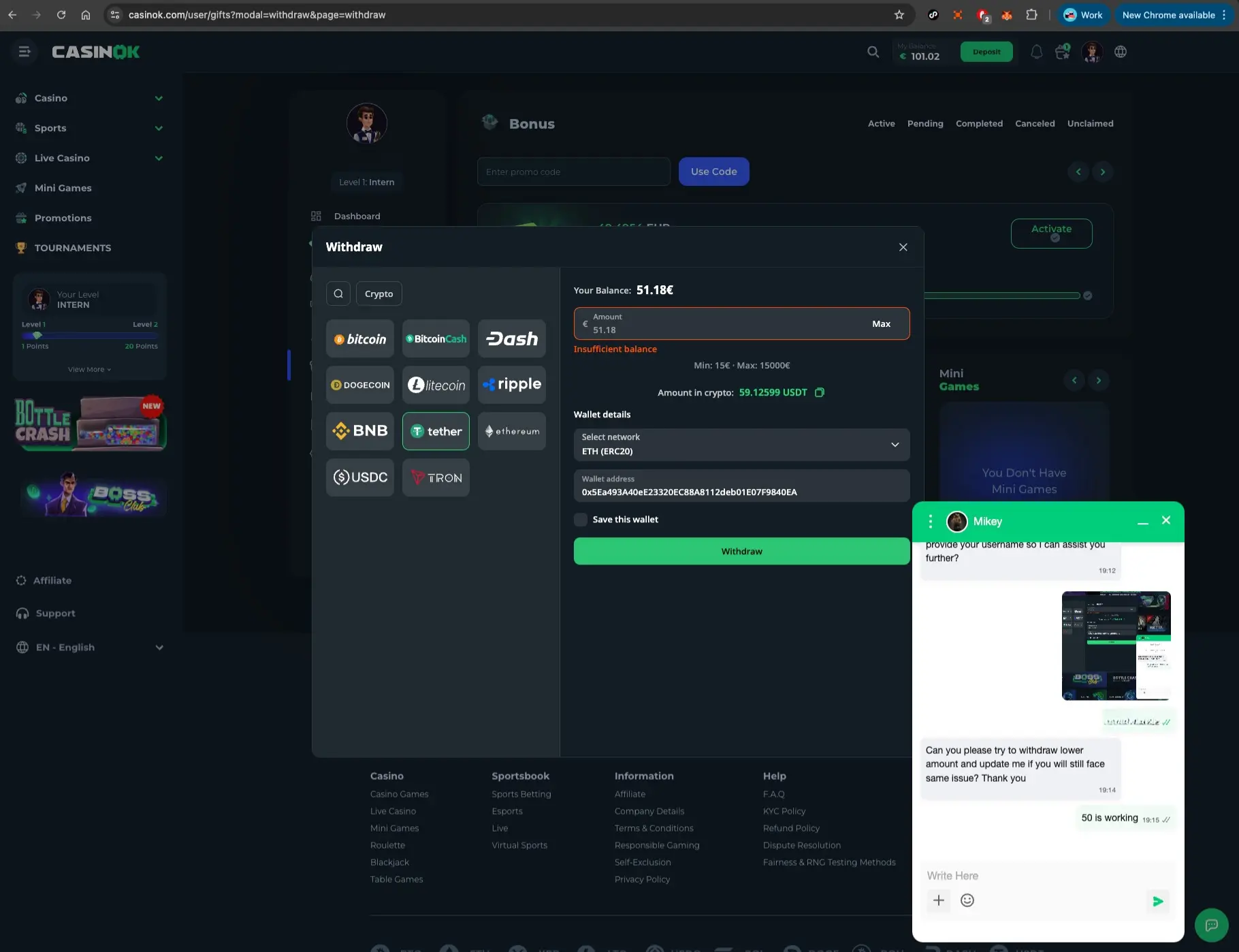 CasinOK live chat about withdrawal
