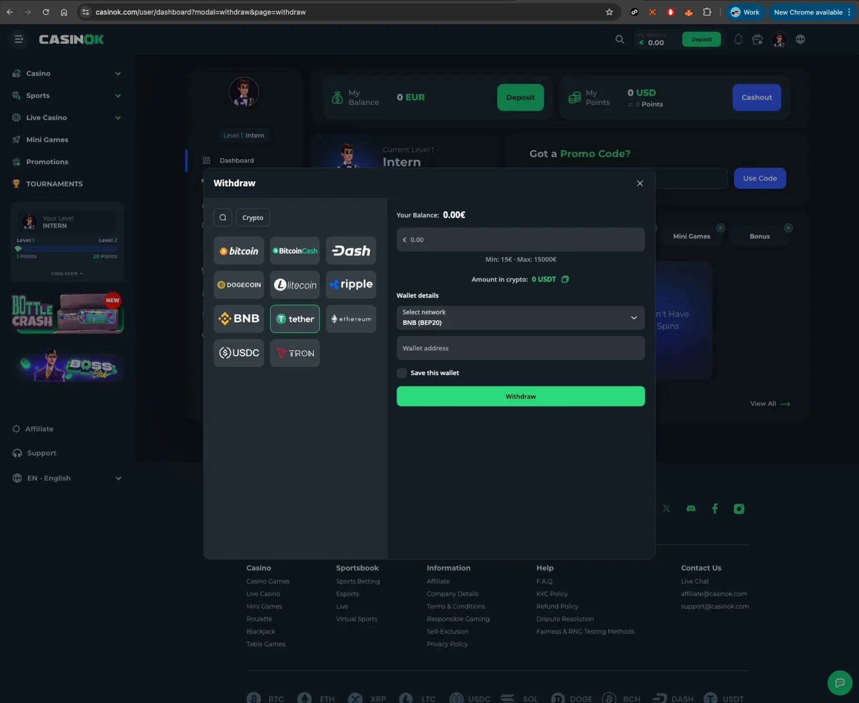 CasinOK withdrawal methods screen