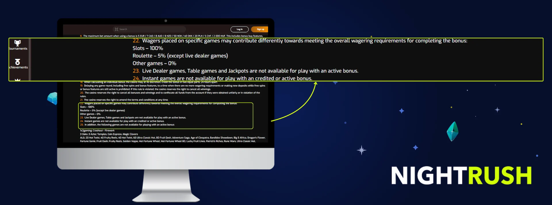 NightRush casino bonus terms highlighted on computer screen.