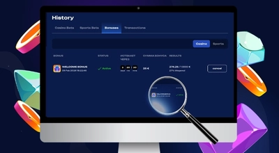 Casino bonuses page with active 400% deposit bonus and wagering details.