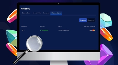 Online casino transaction history with completed €20 deposit via Visa.