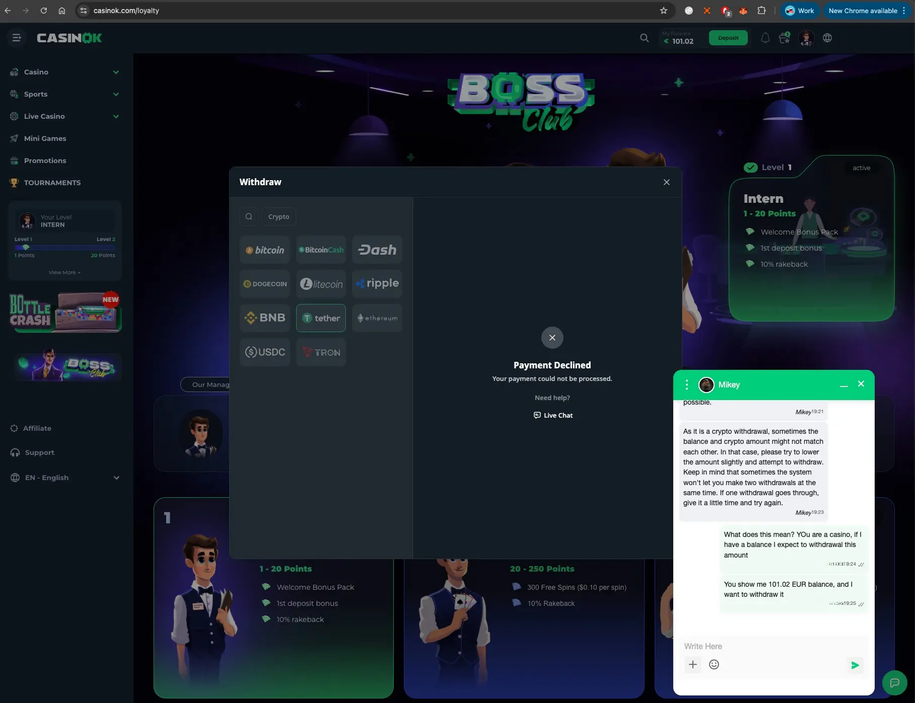 CasinOK live chat about withdrawal