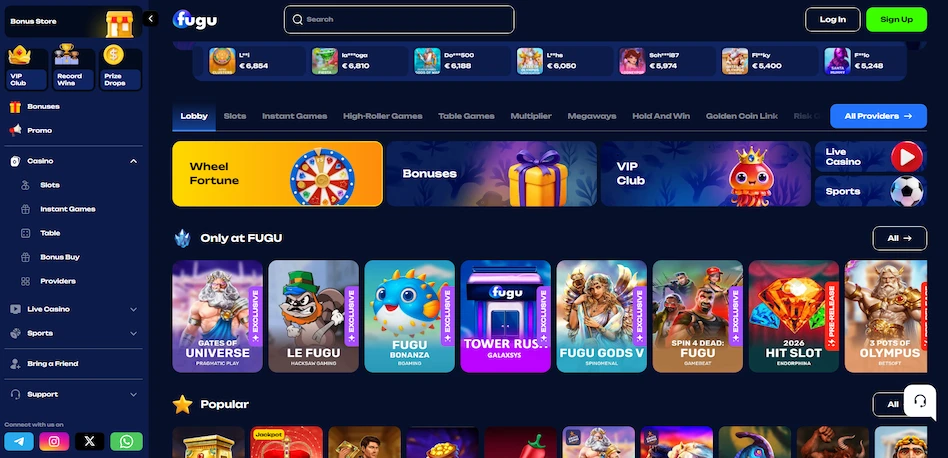 Fugu Casino homepage screen.