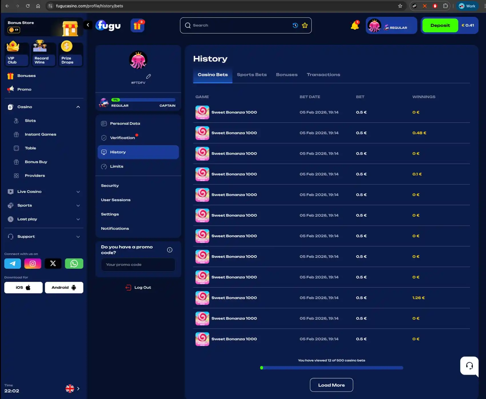 Fugu casino bets page screen