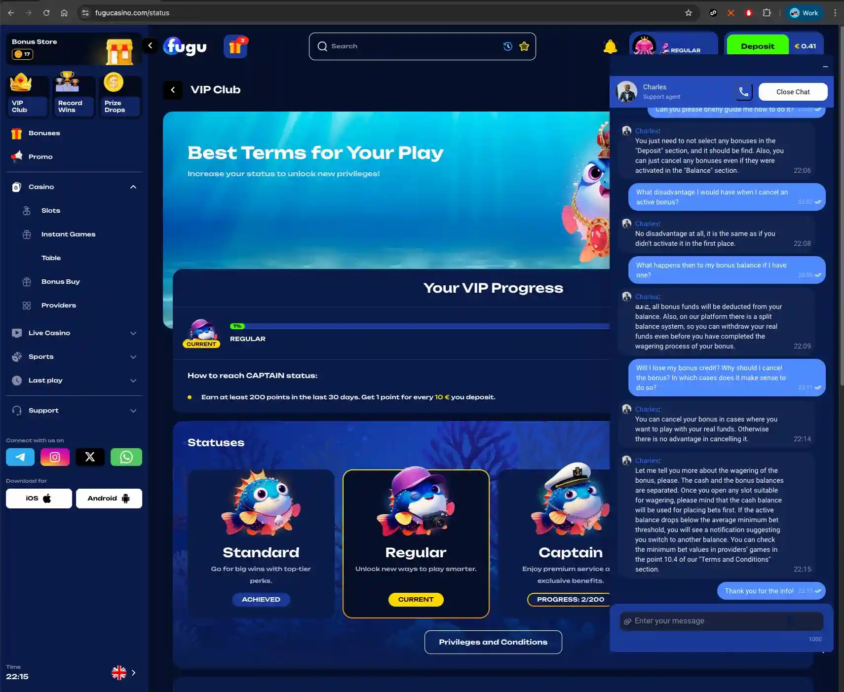 Fugu casino live chat screen
