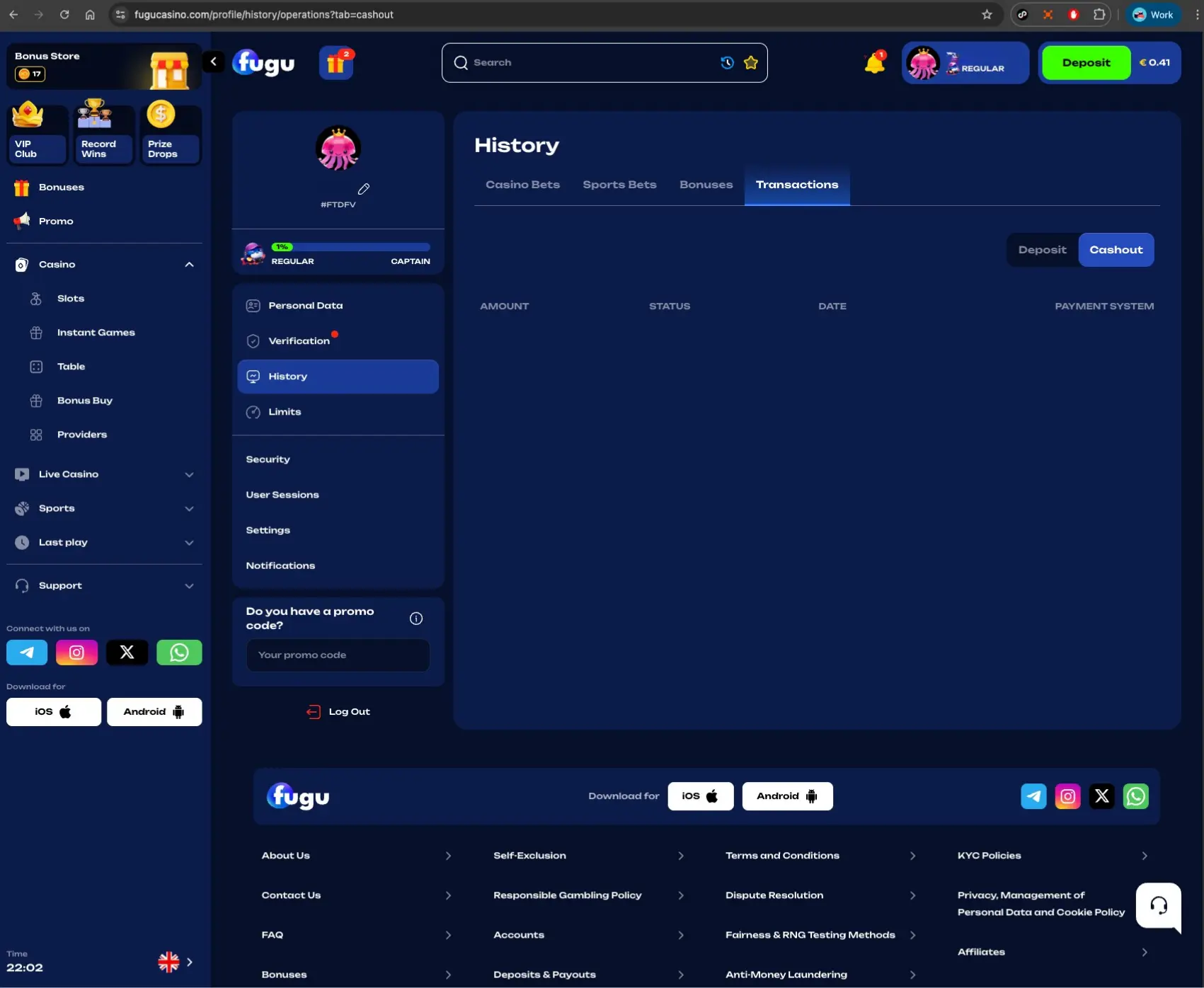 Fugu casino transactions history page screen