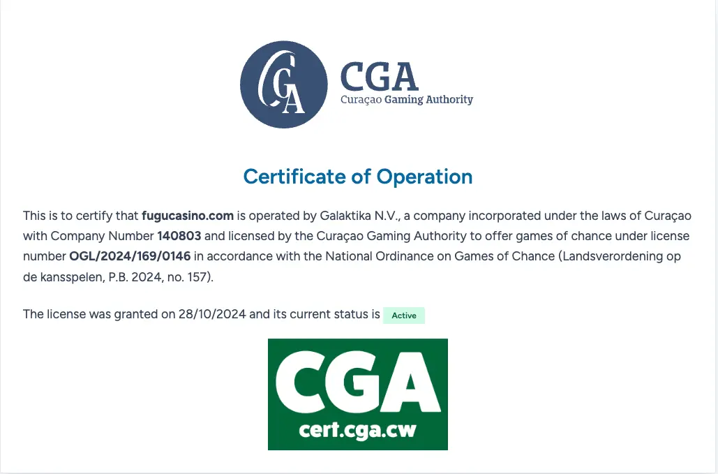 Fugu casino license information screen