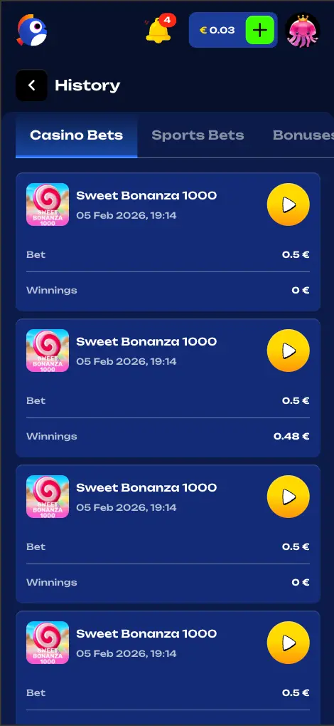Fugu casino bet history page screen
