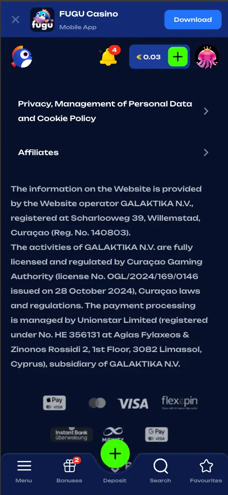 Fugu casino license information screen