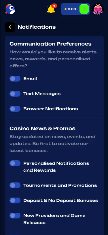 Fugu casino notifications settings screen