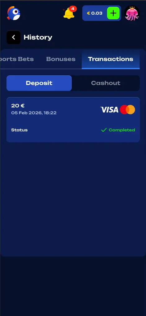 Fugu casino deposit transactions history page screen