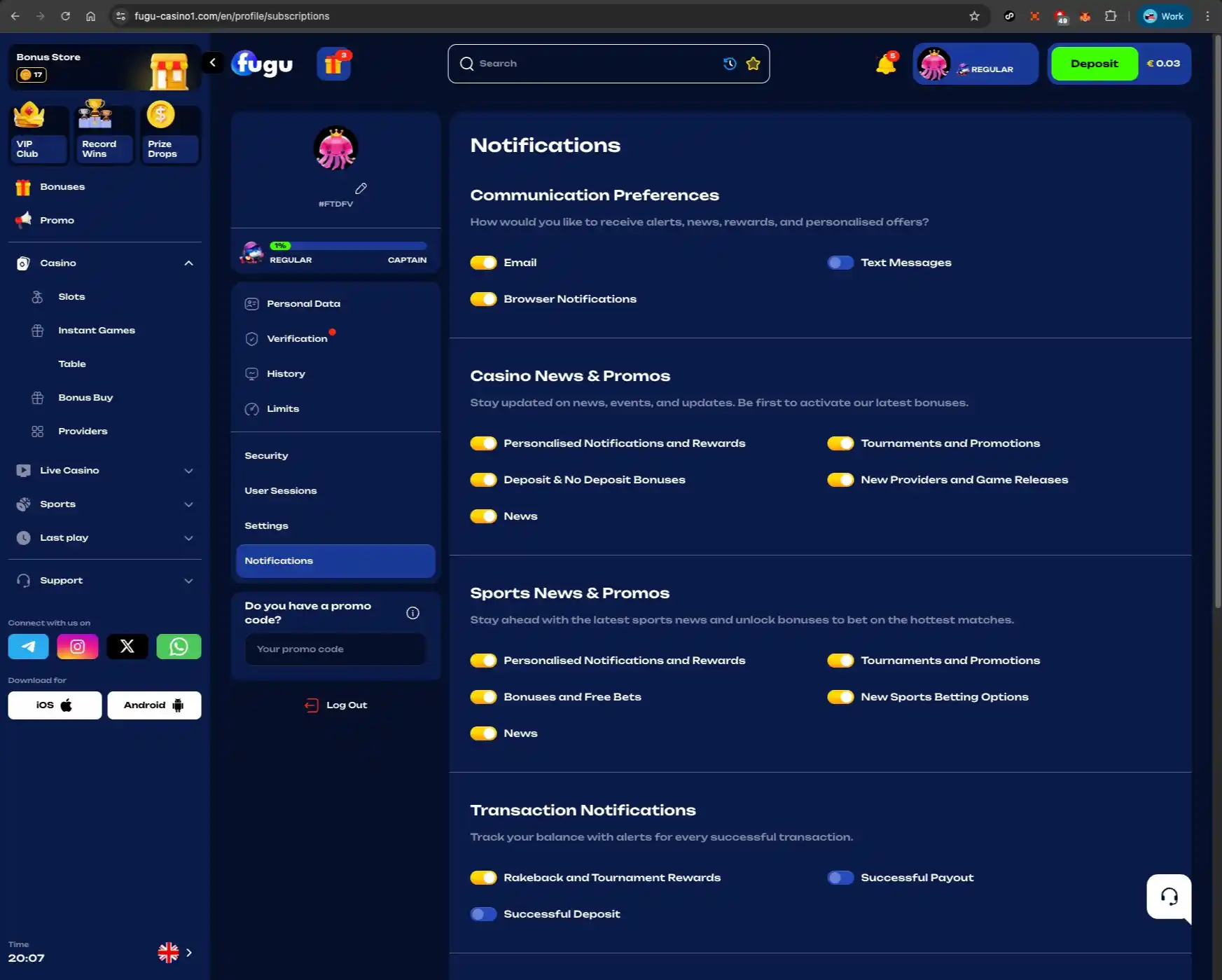 Fugu casino notifications settings screen