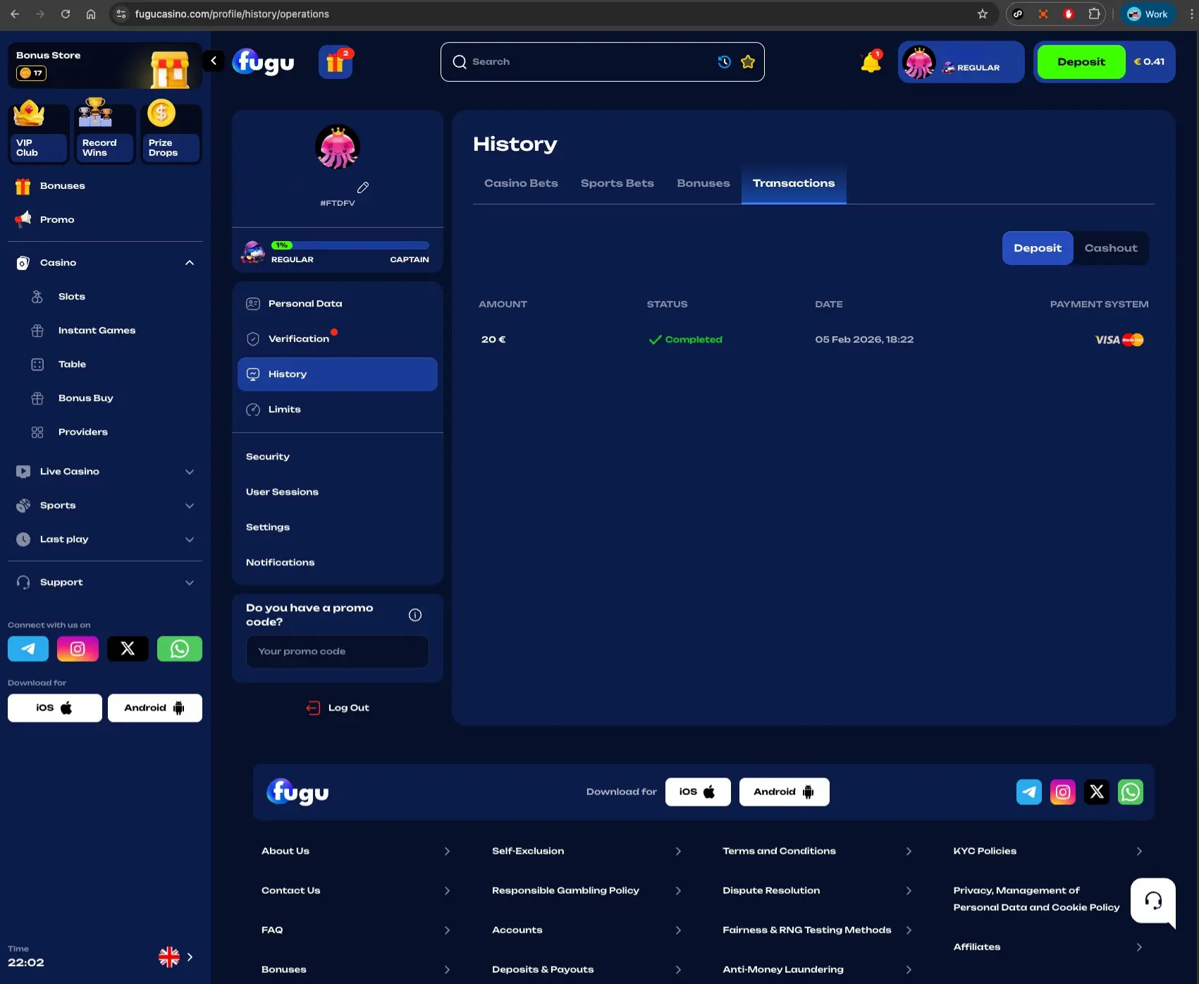 Fugu casino deposit transactions history page screen