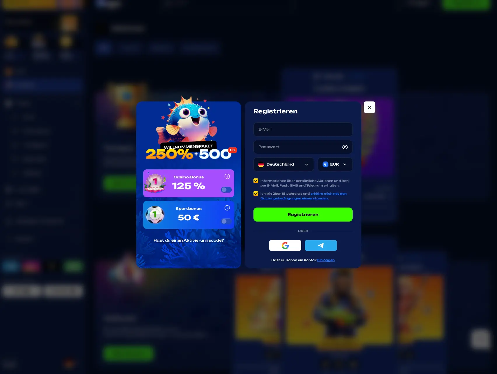 Fugu casino register screen