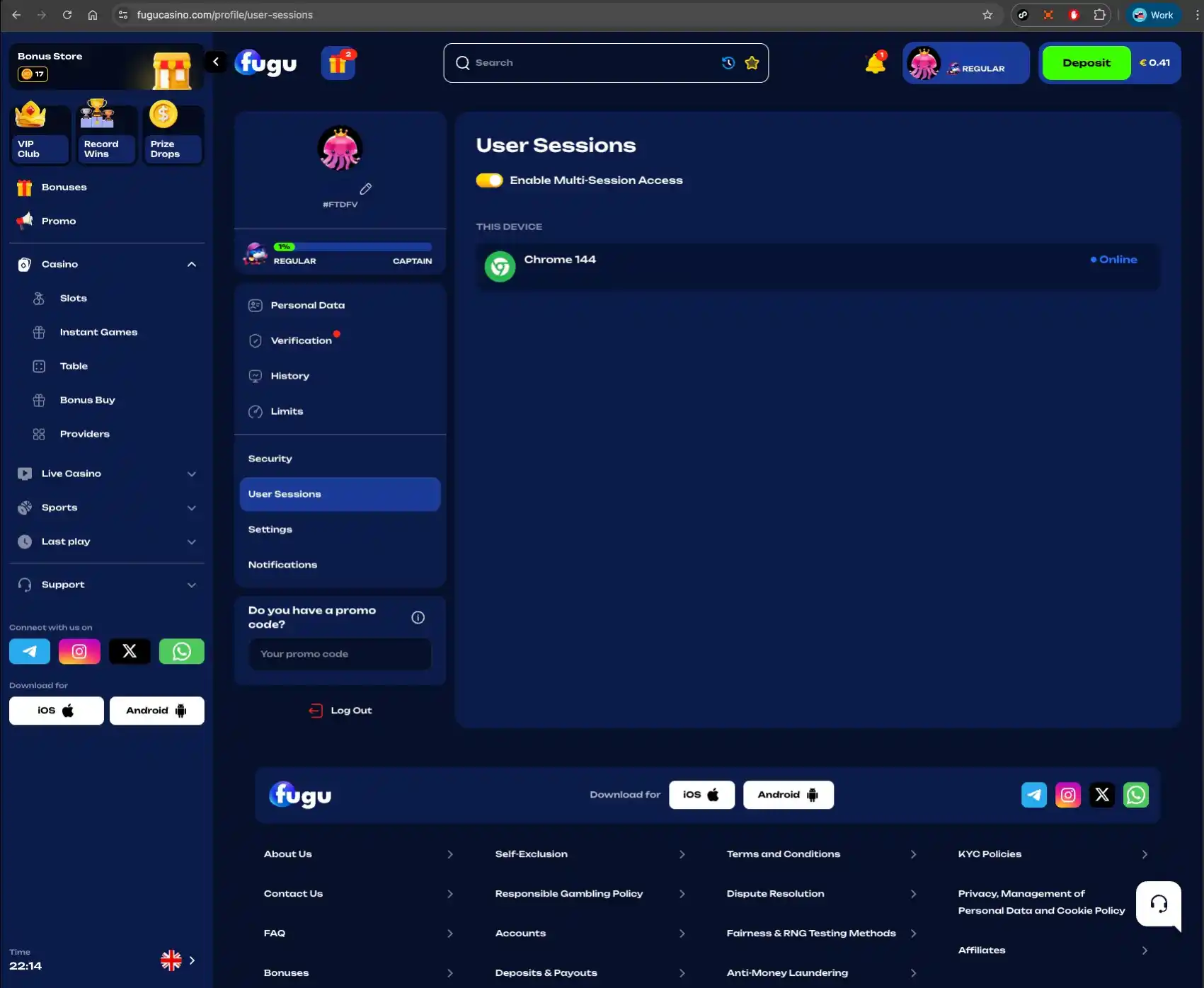 Fugu casino user sessions page screen