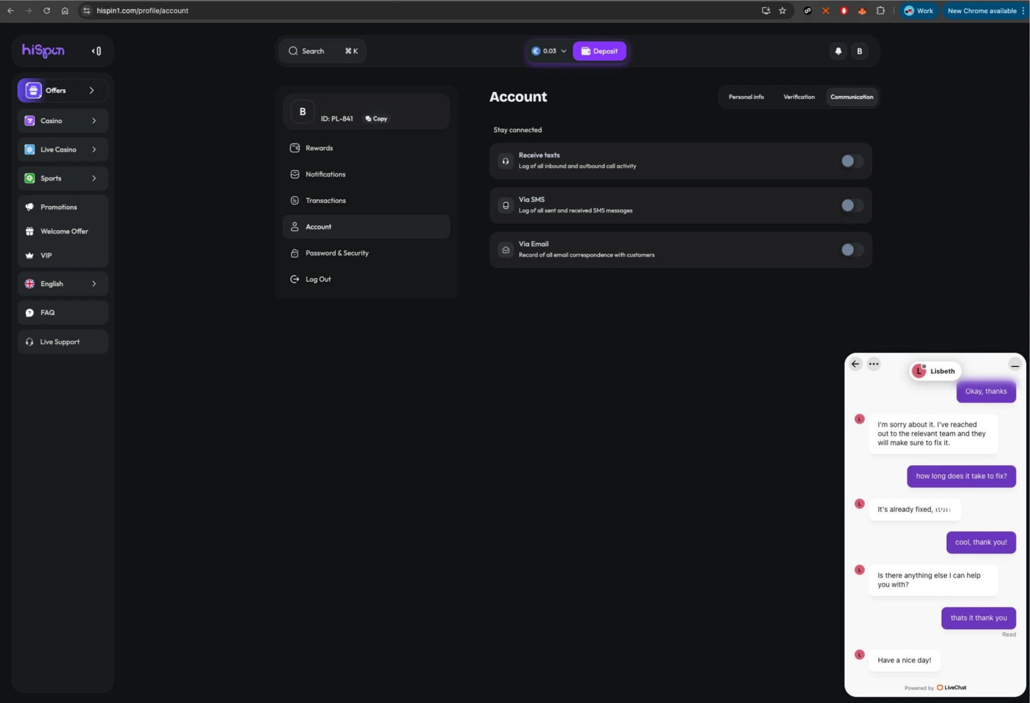 HiSpin casino account settings with live chat
