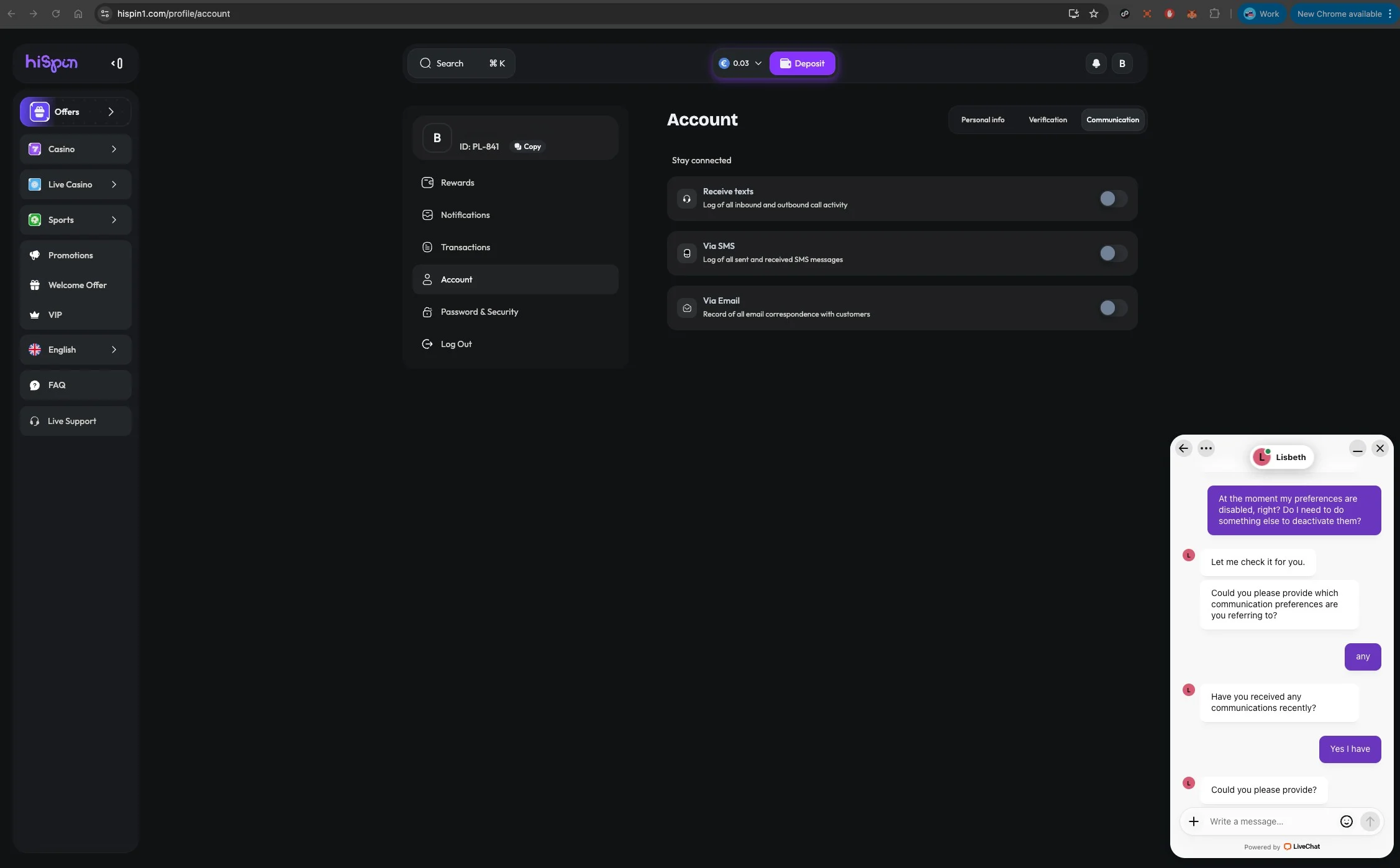 HiSpin casino account settings with live chat